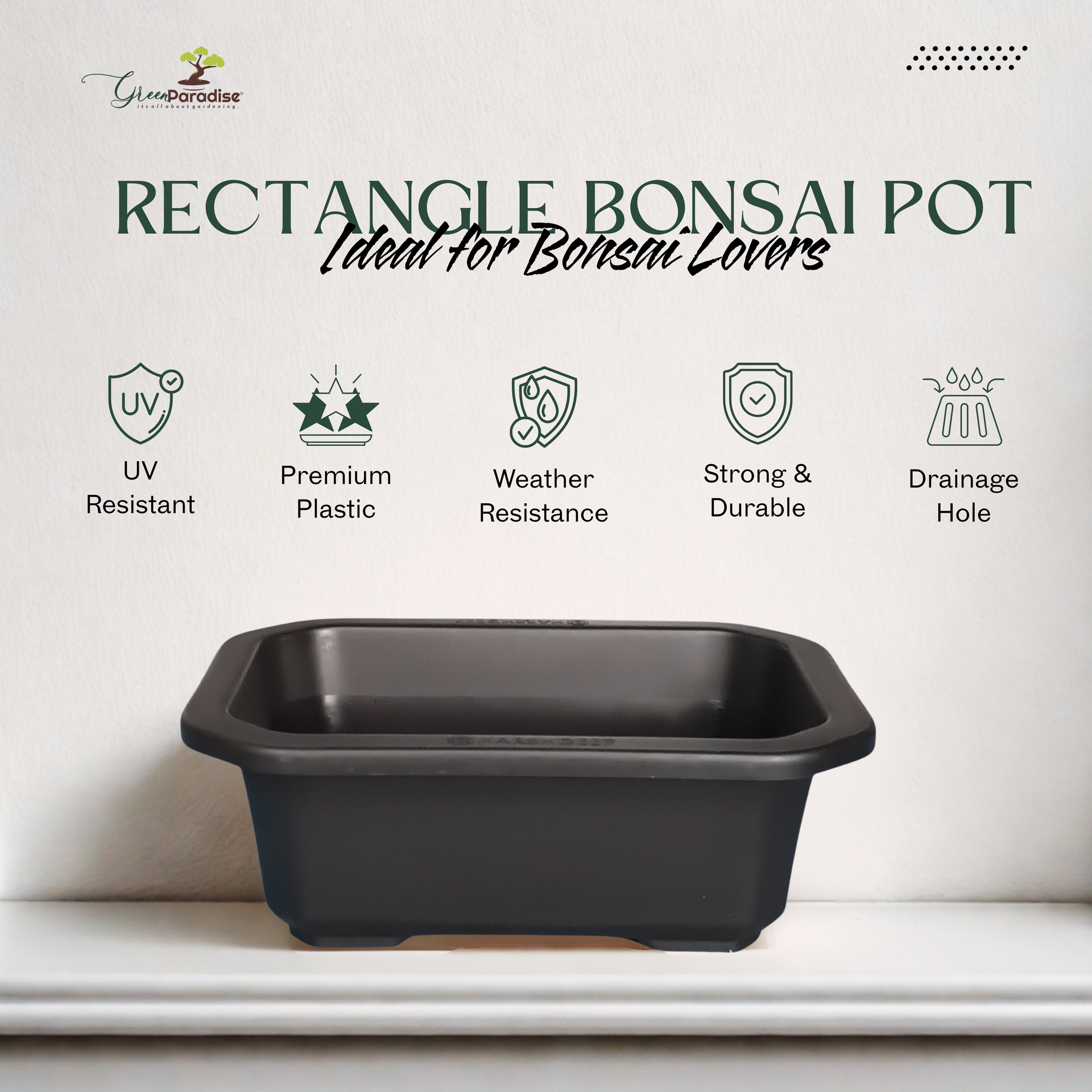 Green Paradise® Premium Black Rectangular Bonsai Pot Durable Plastic 21cm pot