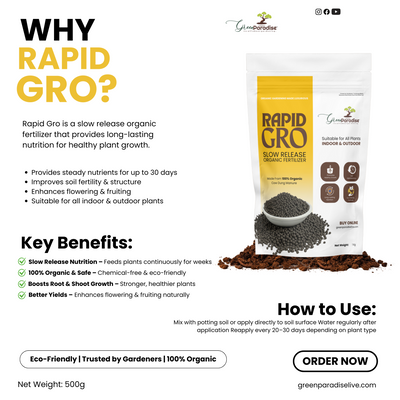 Green Paradise® Rapid Gro Slow Release Organic Fertilizer – 100% Organic Cow Dung Manure For Indoor & Outdoor Plants (500gm Pack)