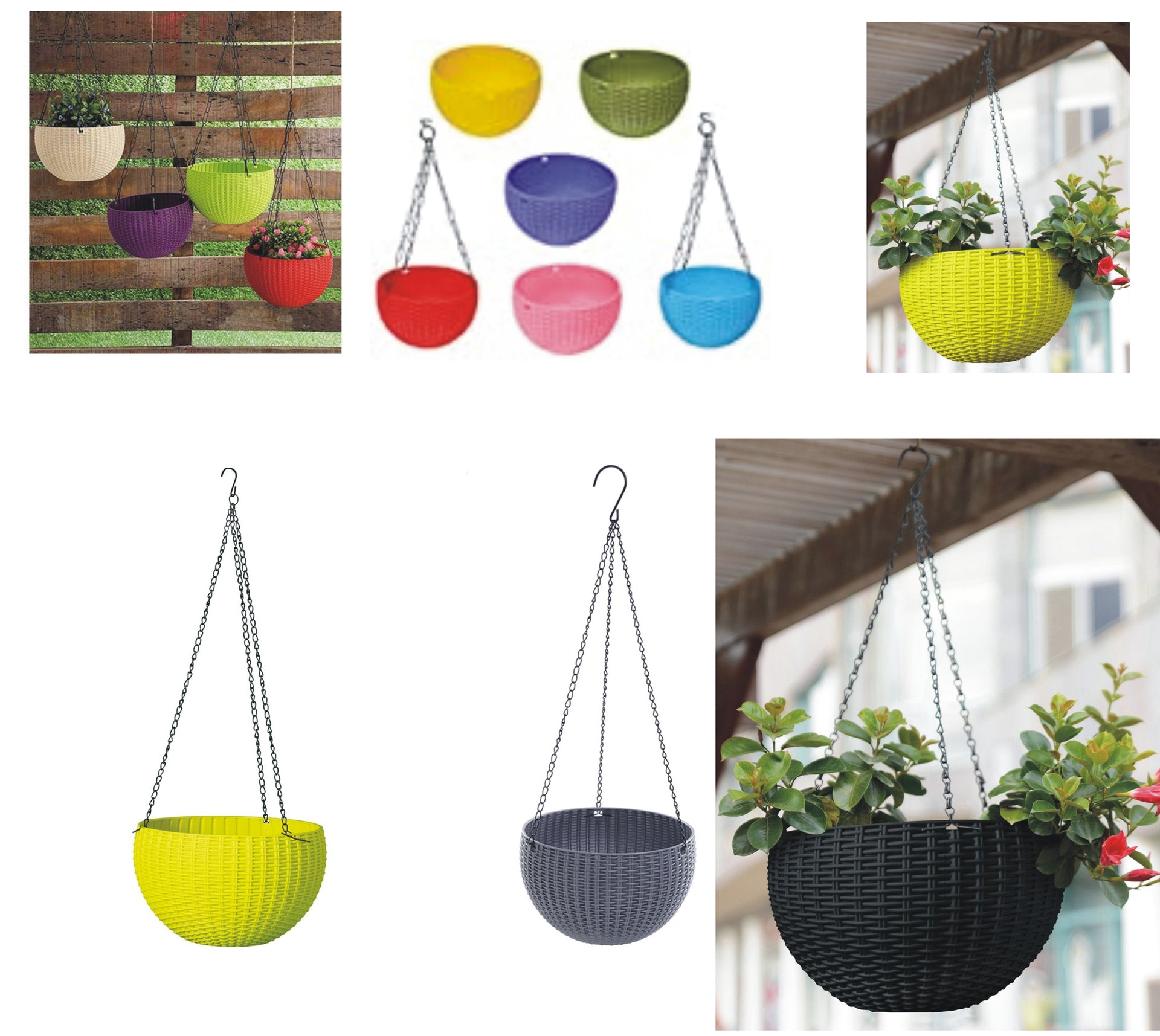 Hi Quality Hanging Pots with Metal Chain Hangers in Beautiful Random Colors 9 inches (Set of 4)
