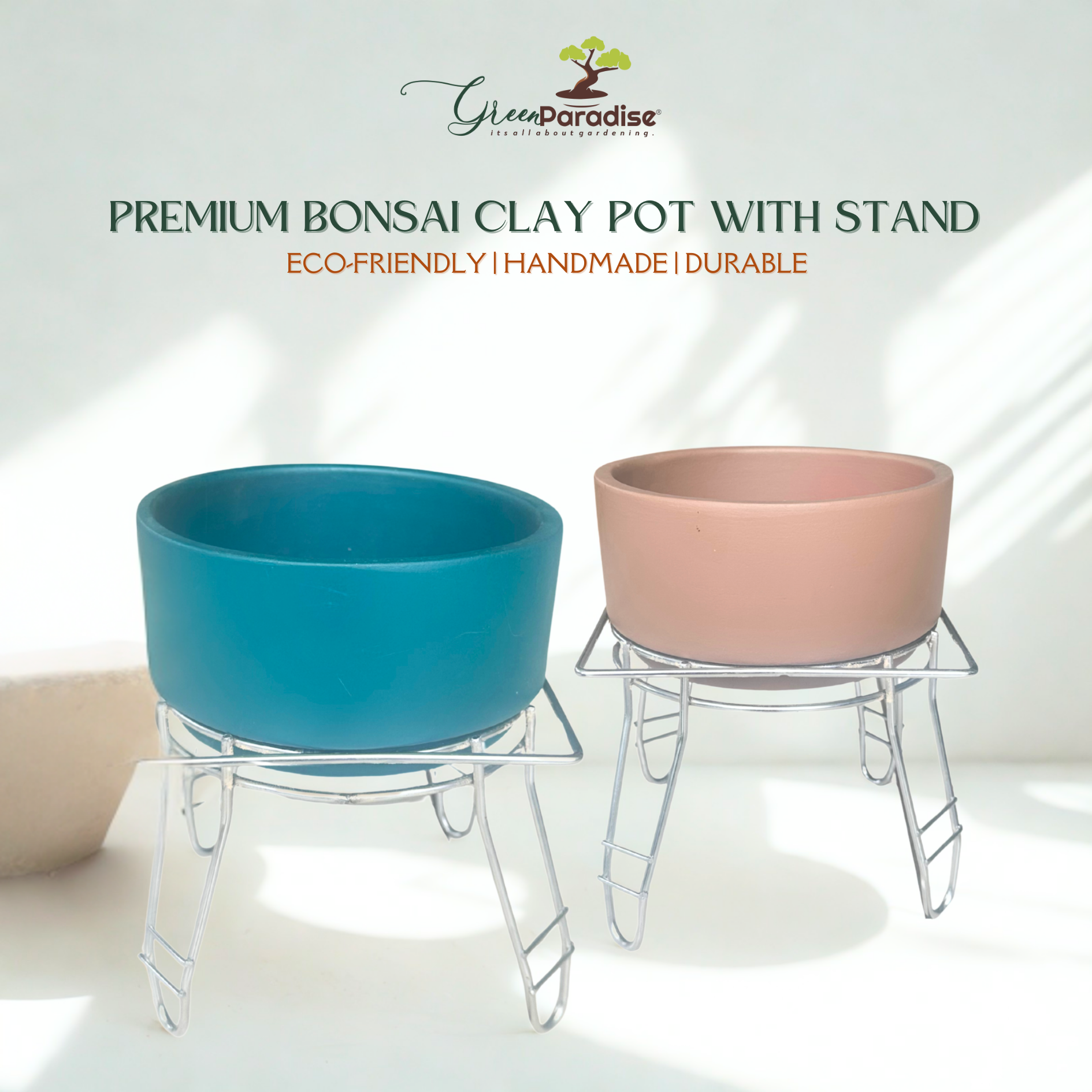 Green Paradise® Premium Bonsai Clay Pot with Stainless Steel Metal Stand – Planter for Healthy Bonsai Growth