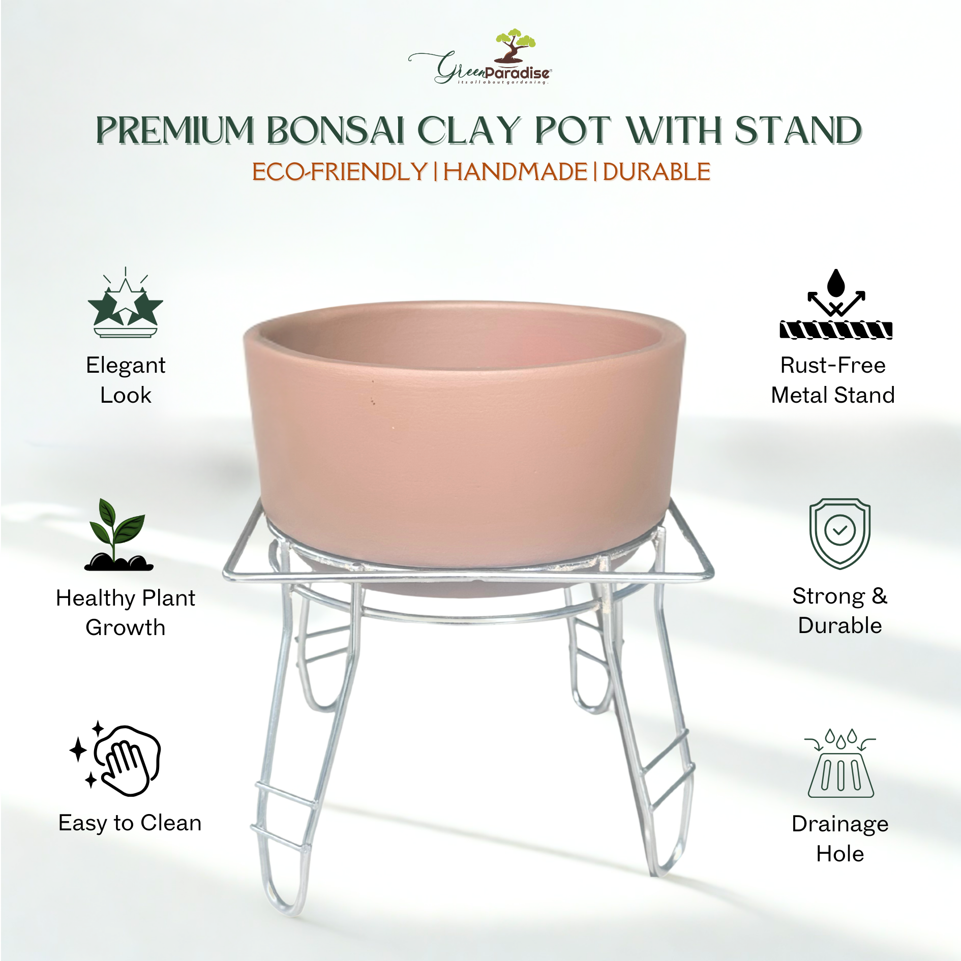 Green Paradise® Premium Bonsai Clay Pot with Stainless Steel Metal Stand – Planter for Healthy Bonsai Growth