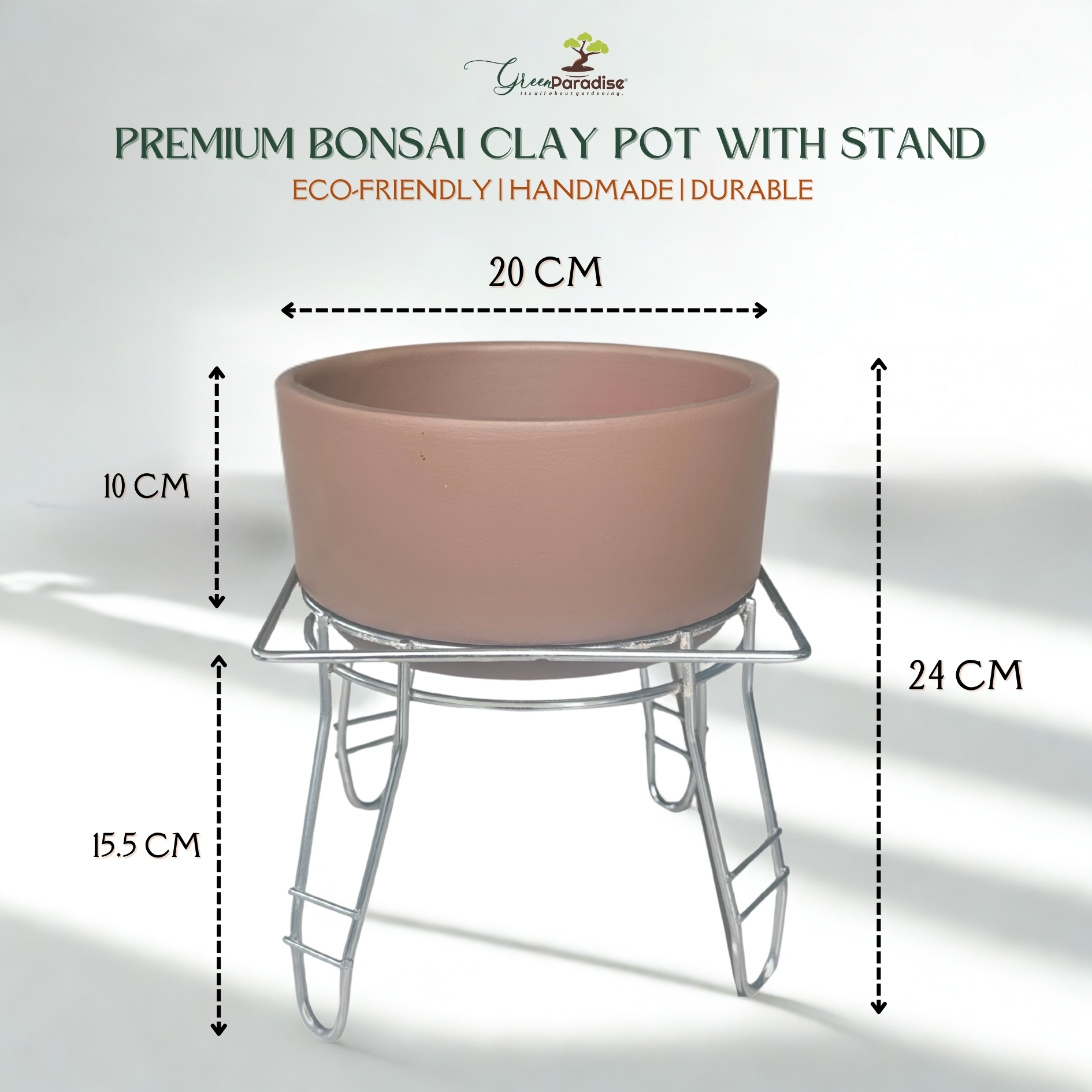 Green Paradise® Premium Bonsai Clay Pot with Stainless Steel Metal Stand – Planter for Healthy Bonsai Growth