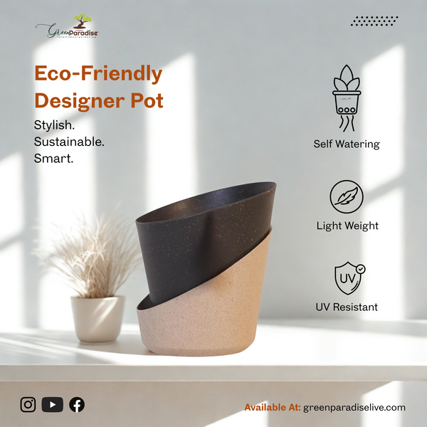 Eco-friendly designer pot with features listed on a light background