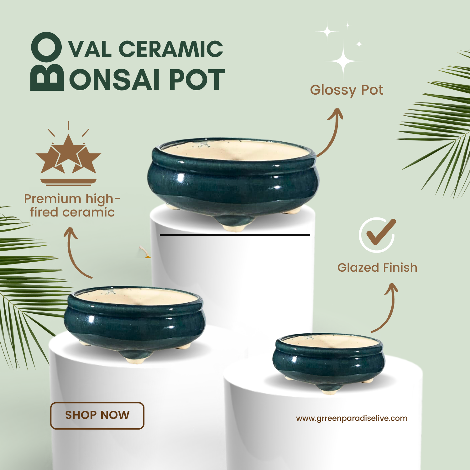 Green Paradise® Round Glossy Ceramic Pot for Bonsai Trees