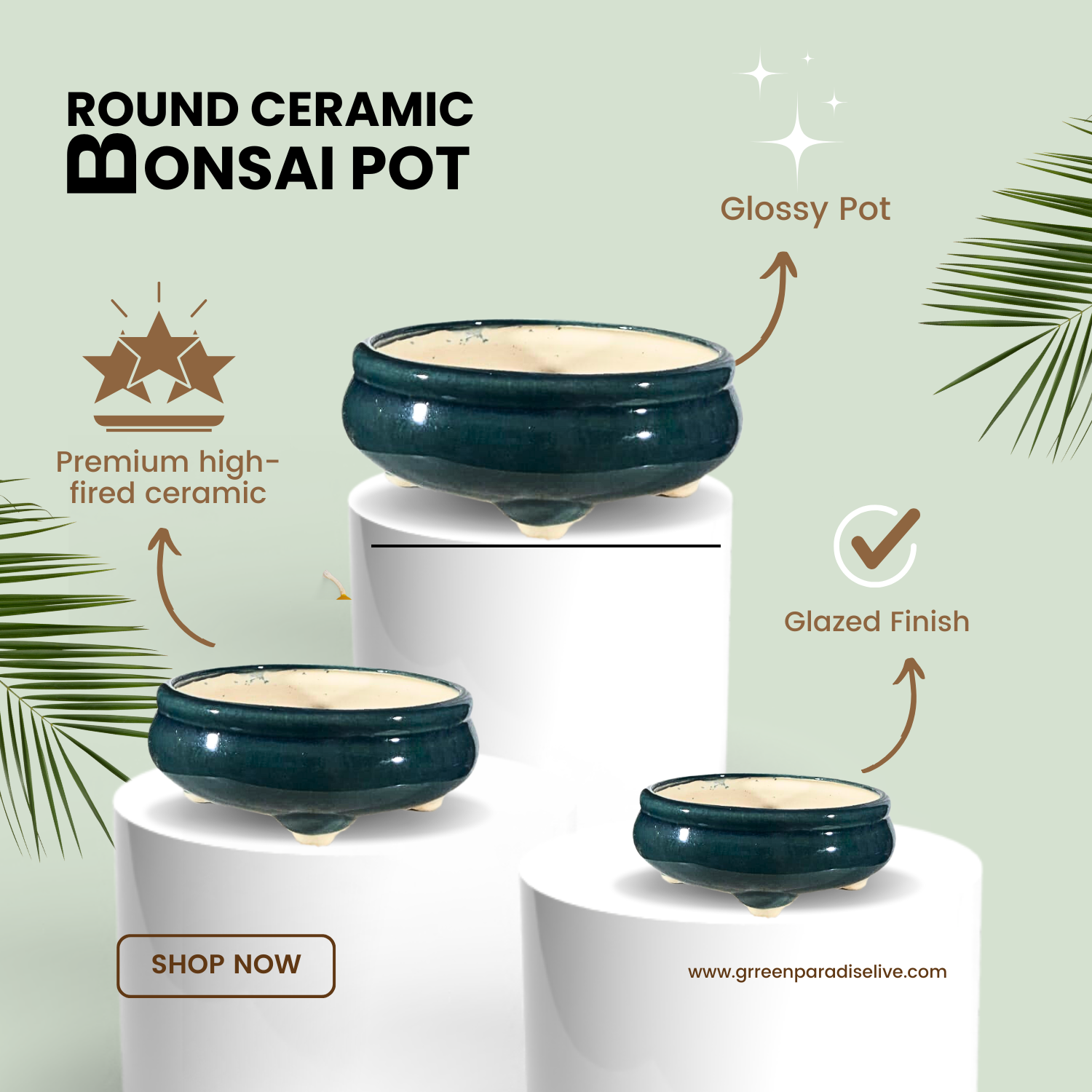 Green Paradise® Round Glossy Ceramic Pot for Bonsai Trees