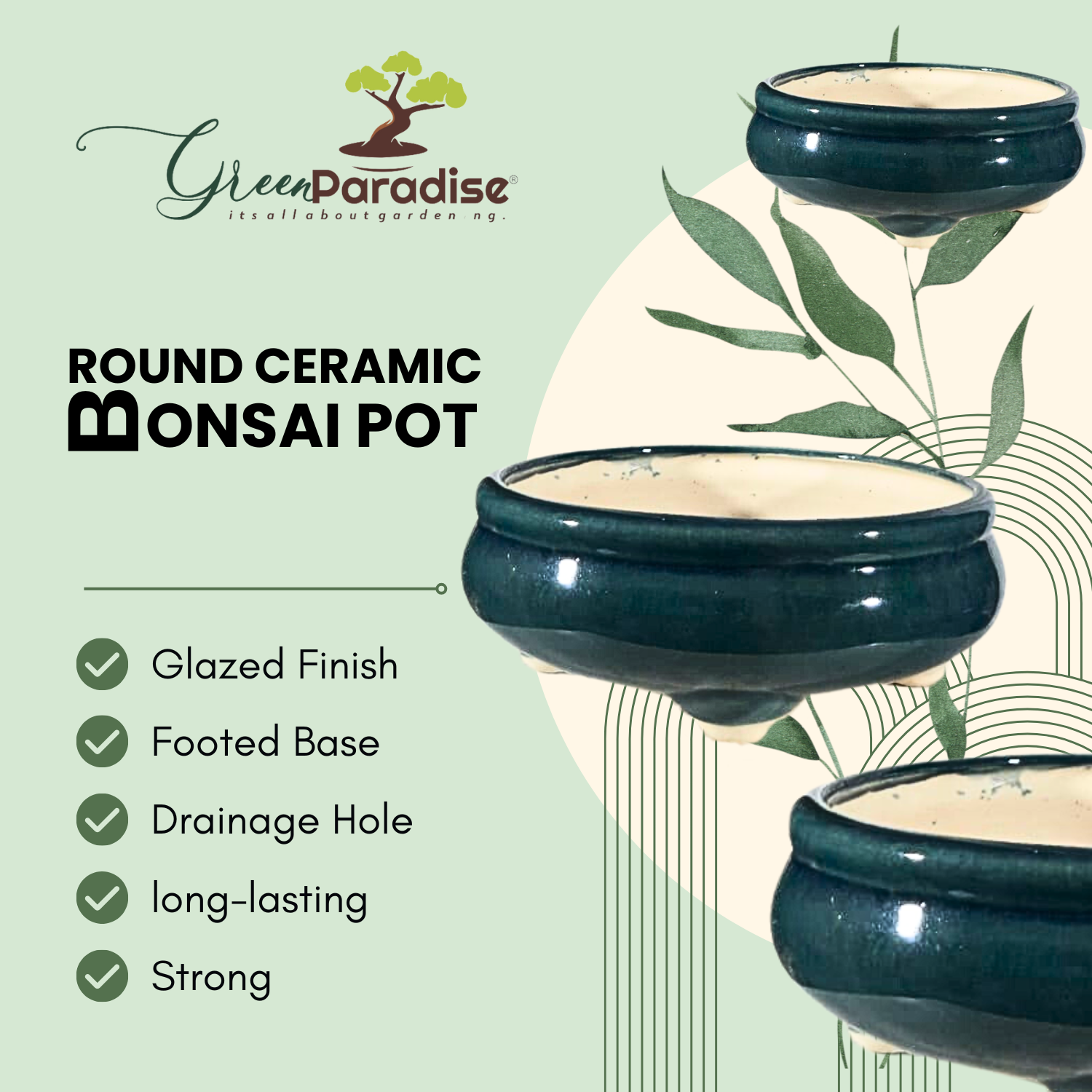 Green Paradise® Round Glossy Ceramic Pot for Bonsai Trees