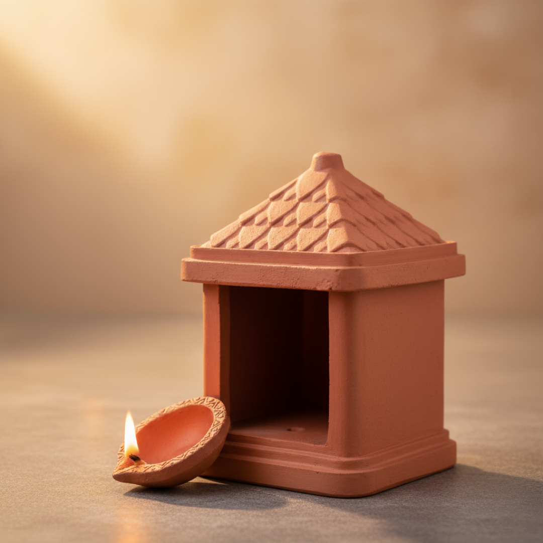 Green Paradise® Terracotta Handmade Temple Diya | Traditional Clay Diya with Stand for Puja, Home Decor & Festivals (11.5 x 7.5 cm)