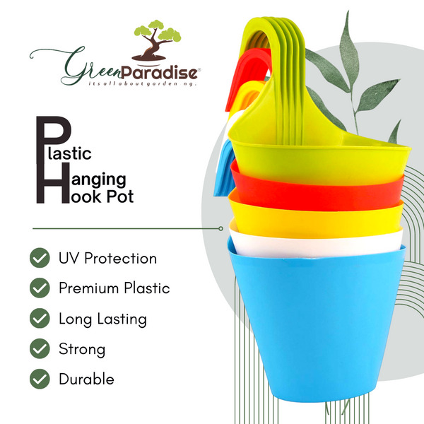 Green Paradise® Hanging hook pots Suitable for balcony gardening and vertical gardeningUnbreakable, High quality planter made of tough -durable plastic ( set of 5 pots) Random Colors