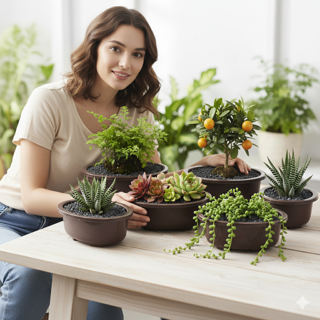 Green Paradise® Oval Bonsai Pot(  Set of 5 ) | 5.5 Inch Plastic Bonsai Training Pots | Purple Clay Color Small Planters for Indoor & Outdoor Plants