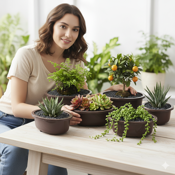 Green Paradise® Oval Bonsai Pot(  Set of 5 ) | 5.5 Inch Plastic Bonsai Training Pots | Purple Clay Color Small Planters for Indoor & Outdoor Plants