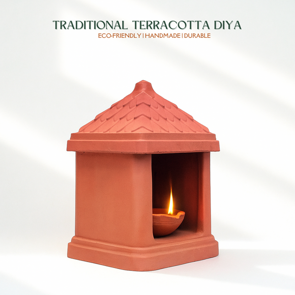 Green Paradise® Terracotta Handmade Temple Diya | Traditional Clay Diya with Stand for Puja, Home Decor & Festivals (11.5 x 7.5 cm)