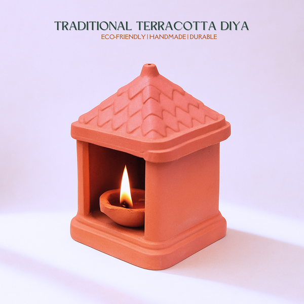 Green Paradise® Terracotta Handmade Temple Diya | Traditional Clay Diya with Stand for Puja, Home Decor & Festivals (11.5 x 7.5 cm)