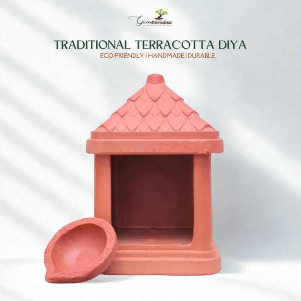 Green Paradise® Terracotta Handmade Temple Diya | Traditional Clay Diya with Stand for Puja, Home Decor & Festivals (11.5 x 7.5 cm)